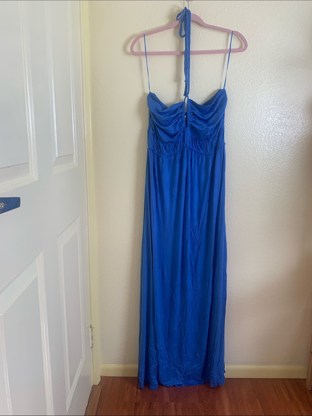 NWOT Easel Cobalt Blue Halter Ruched Maxi Dress, Size L
